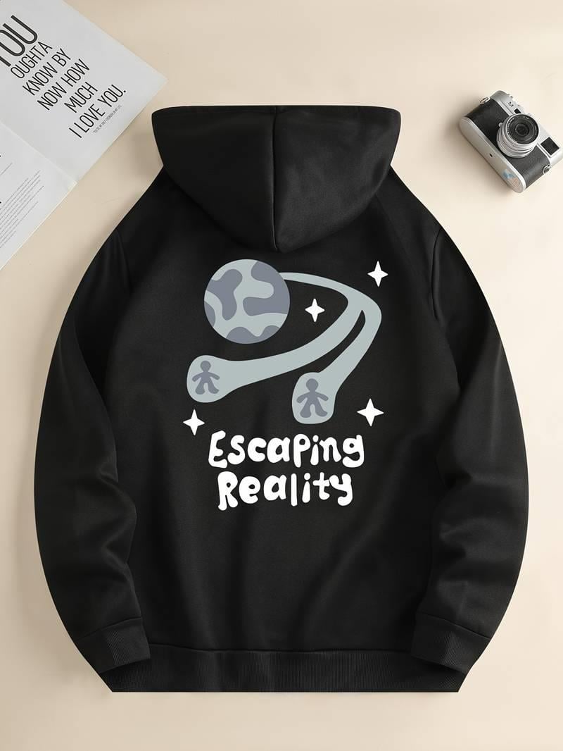 Sırt Baskılı Escaping Reality Siyah Kapşonlu Sweatshirt