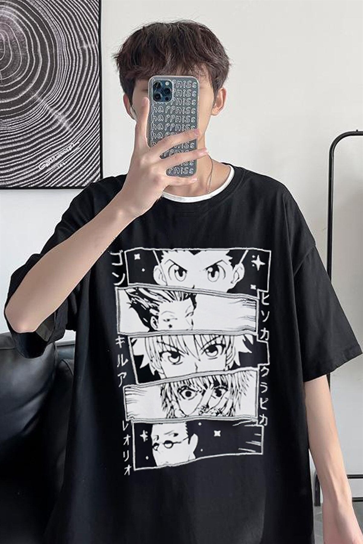 Siyah Geniş Kalıp Hunter X Hunter Baskılı Unisex Anime T-shirt