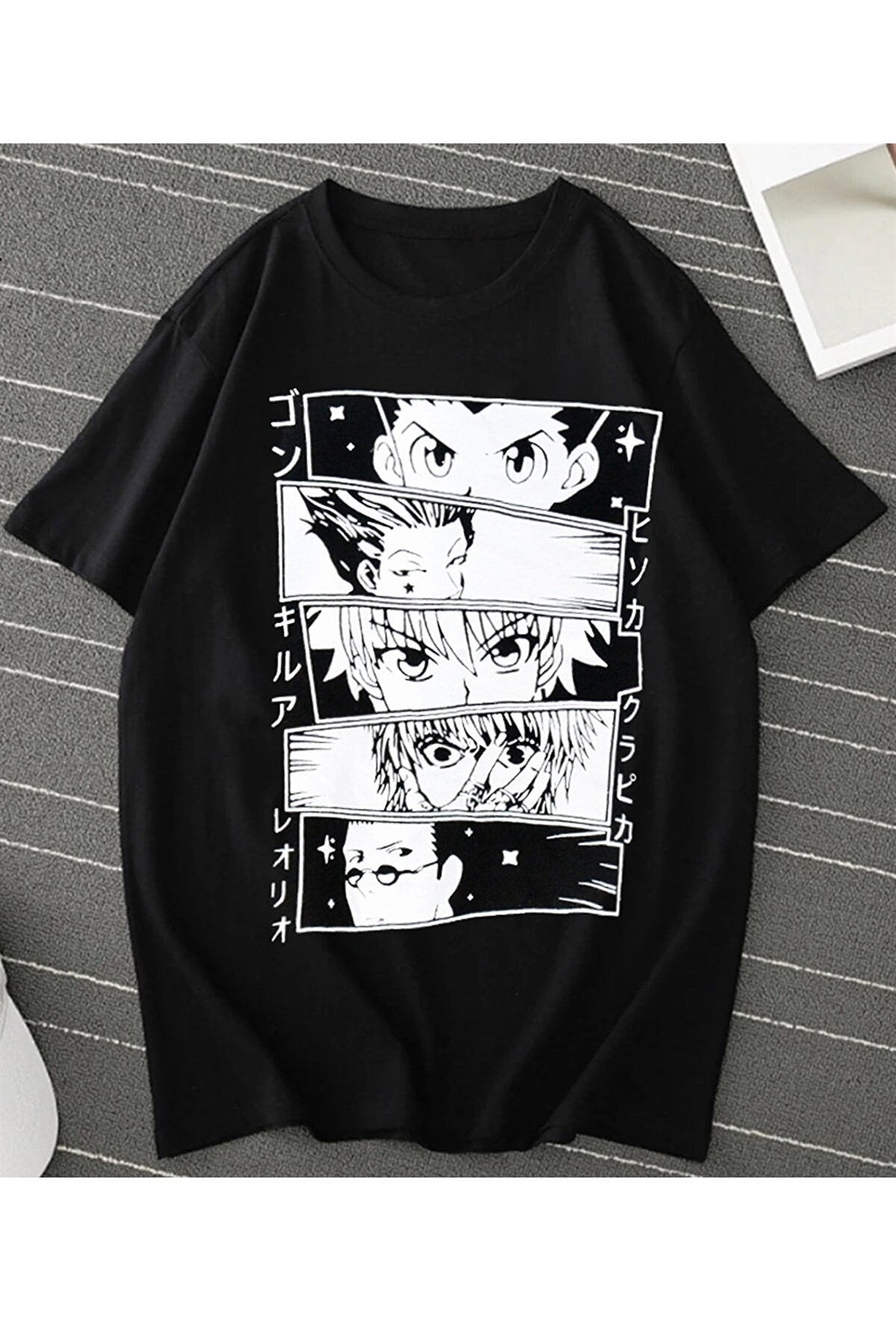 Siyah Geniş Kalıp Hunter X Hunter Baskılı Unisex Anime T-shirt