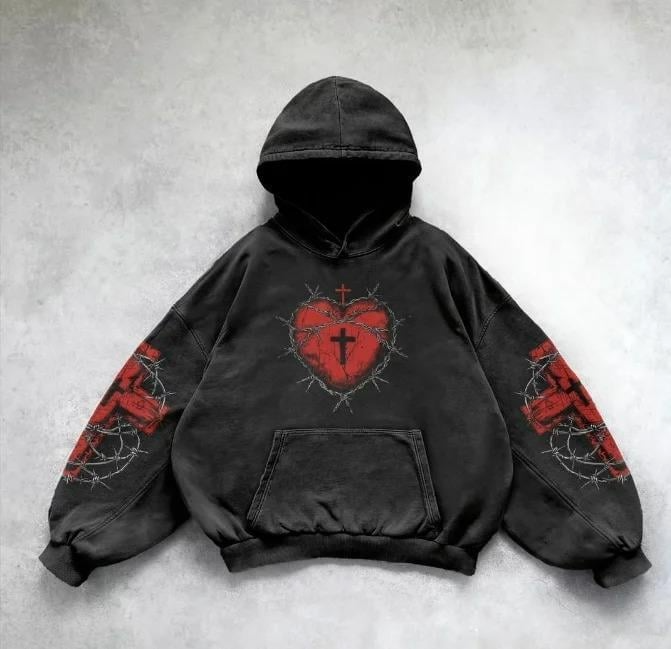 Yıkamalı Gothic Barbed Wire Heart Cross Vintage Kapüşonlu Sweatshirt