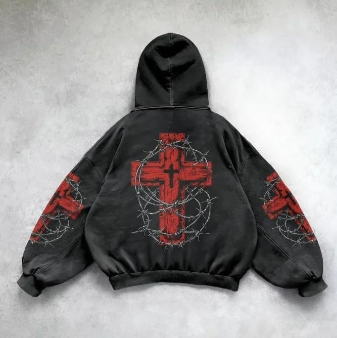 Yıkamalı Gothic Barbed Wire Heart Cross Vintage Kapüşonlu Sweatshirt