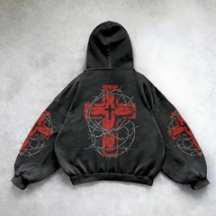 Yıkamalı Gothic Barbed Wire Heart Cross Vintage Kapüşonlu Sweatshirt