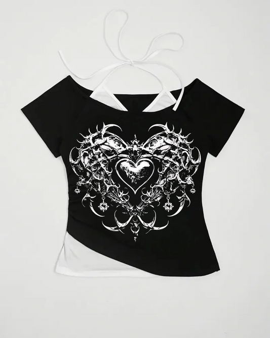 Siyah Gothic Love Yaka Ek Askılı Kısa Kollu Full Body Crop