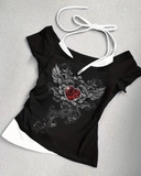 Siyah Gothic Red Love Yaka Ek Askılı Kısa Kollu Full Body Crop