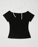 Siyah Gothic Red Love Yaka Ek Askılı Kısa Kollu Full Body Crop