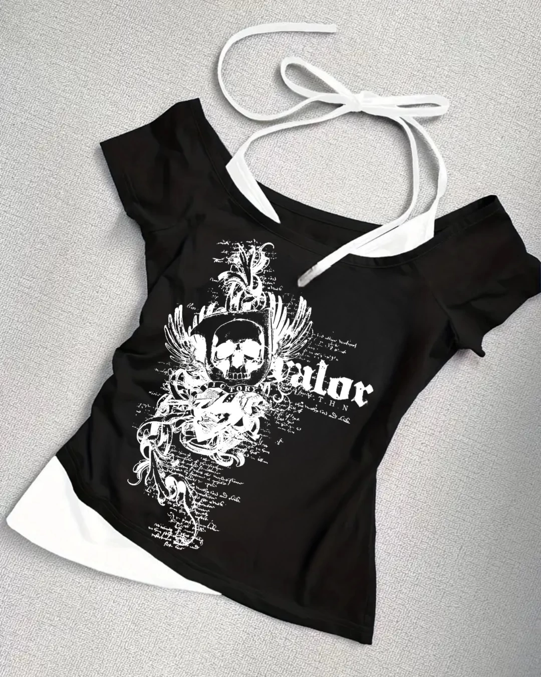 Siyah Gothic Victory Love Yaka Ek Askılı Kısa Kollu Full Body Crop