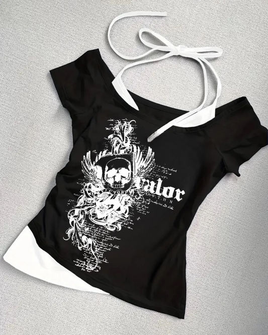 Siyah Gothic Victory Love Yaka Ek Askılı Kısa Kollu Full Body Crop