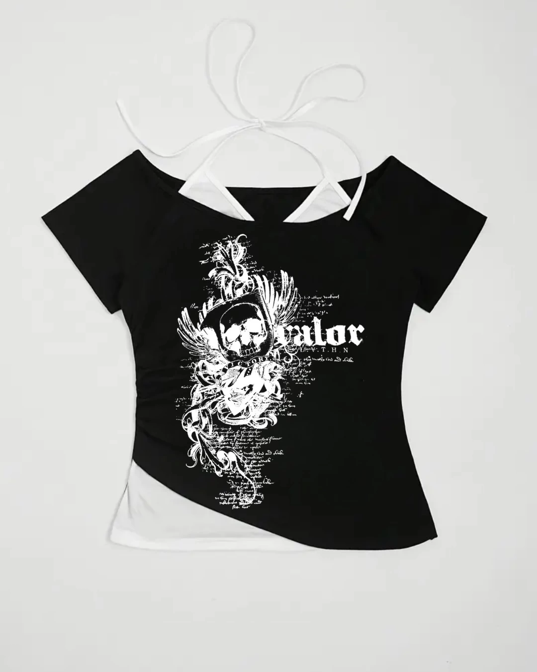 Siyah Gothic Victory Love Yaka Ek Askılı Kısa Kollu Full Body Crop