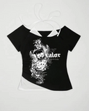 Siyah Gothic Victory Love Yaka Ek Askılı Kısa Kollu Full Body Crop