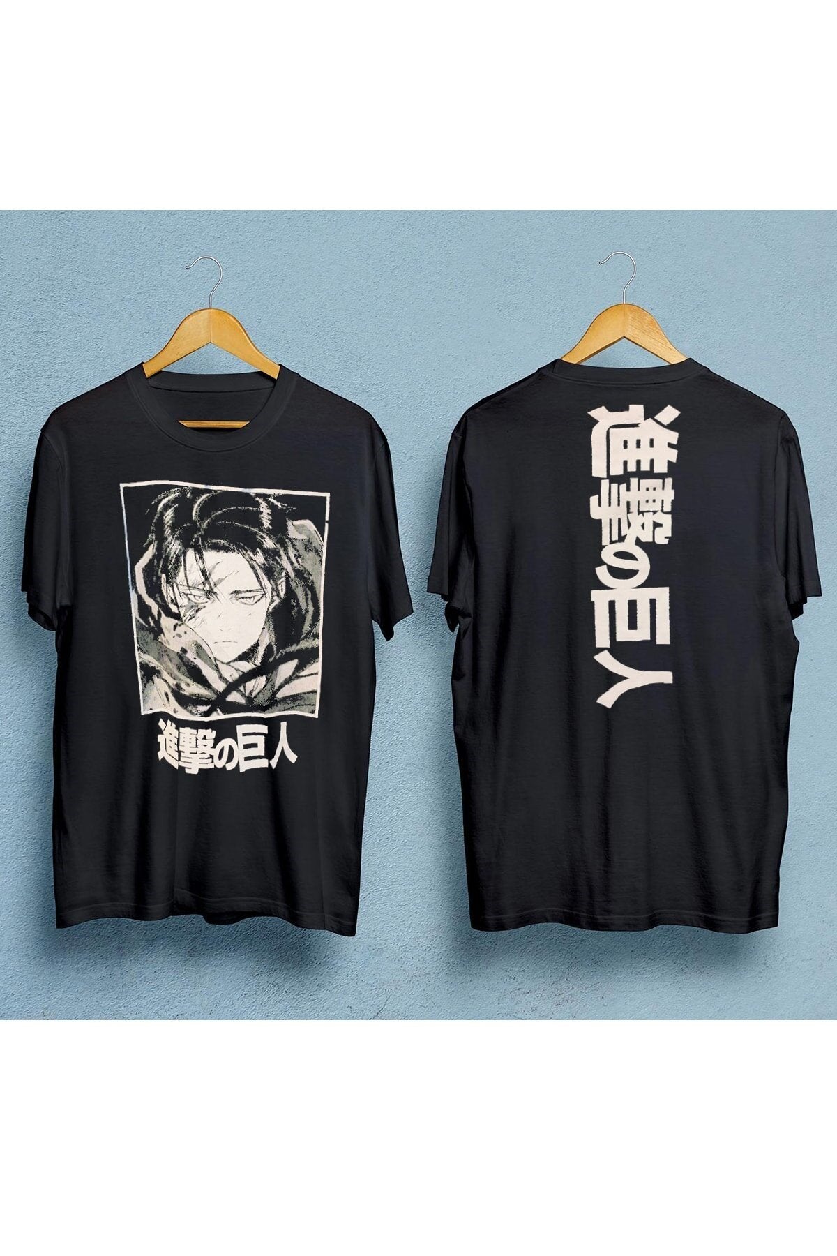 Siyah Renk Attack On Titan Levi Ackerman Sırt Baskı Detaylı Unisex Anime T-shirt