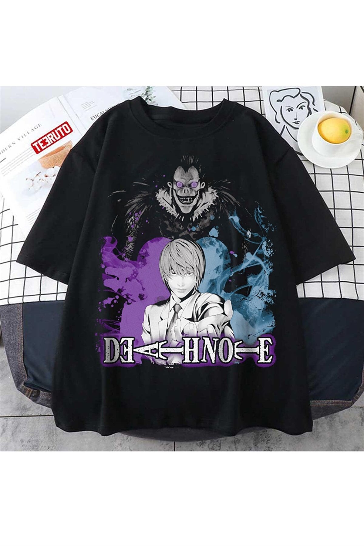 Siyah Renk Death Note Baskılı Geniş Kesim Unisex Anime T-shirt