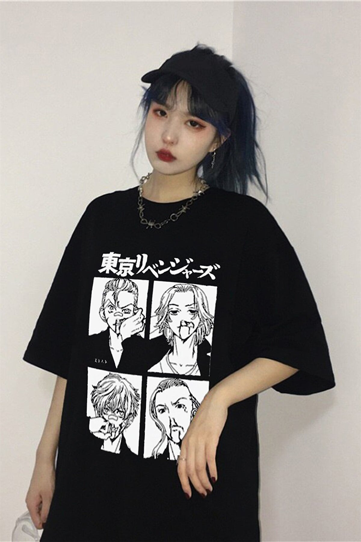 Siyah Renk Tokyo Revengers Büyük Baskılı Unisex Geniş Kesim Anime T-shirt