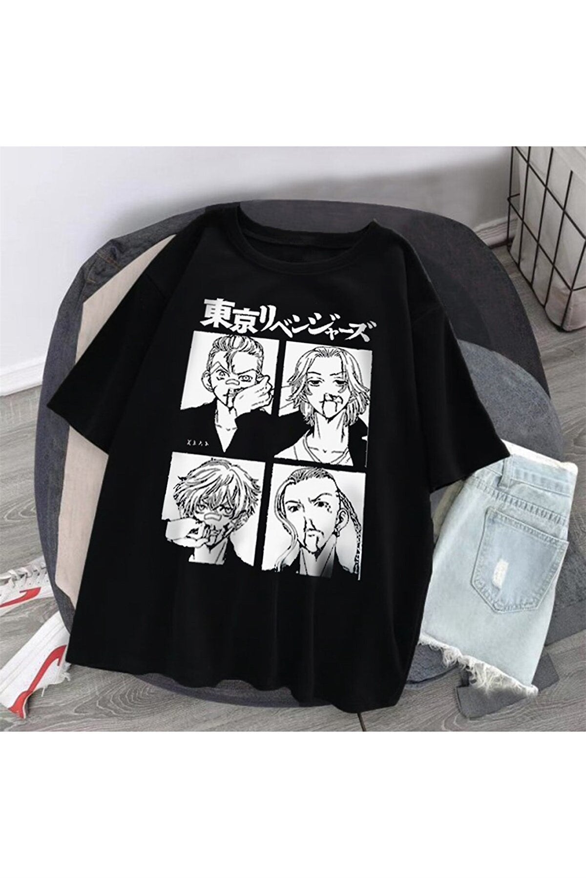 Siyah Renk Tokyo Revengers Büyük Baskılı Unisex Geniş Kesim Anime T-shirt