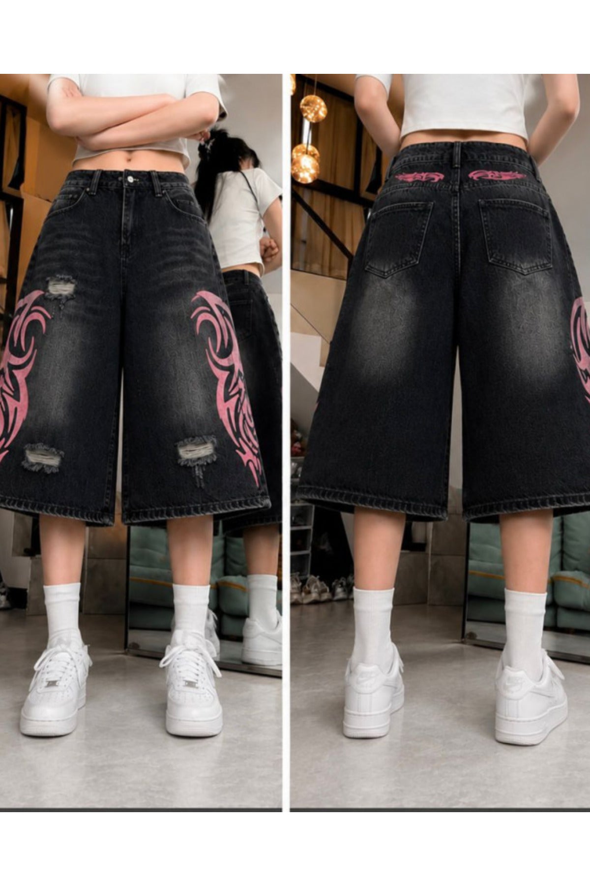 Siyah Taşlamalı Grunge Pembe Tribal Baskılı Harajuku Y2K Unisex Şort
