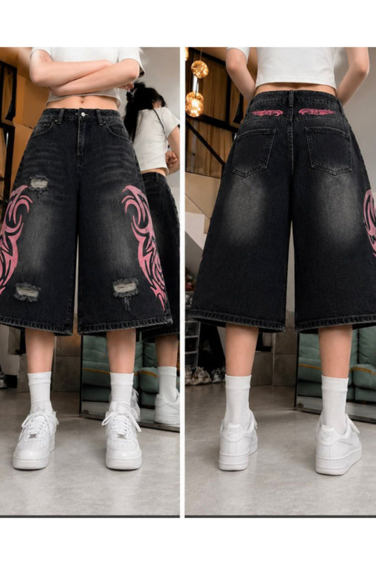 Siyah Taşlamalı Grunge Pembe Tribal Baskılı Harajuku Y2K Unisex Şort