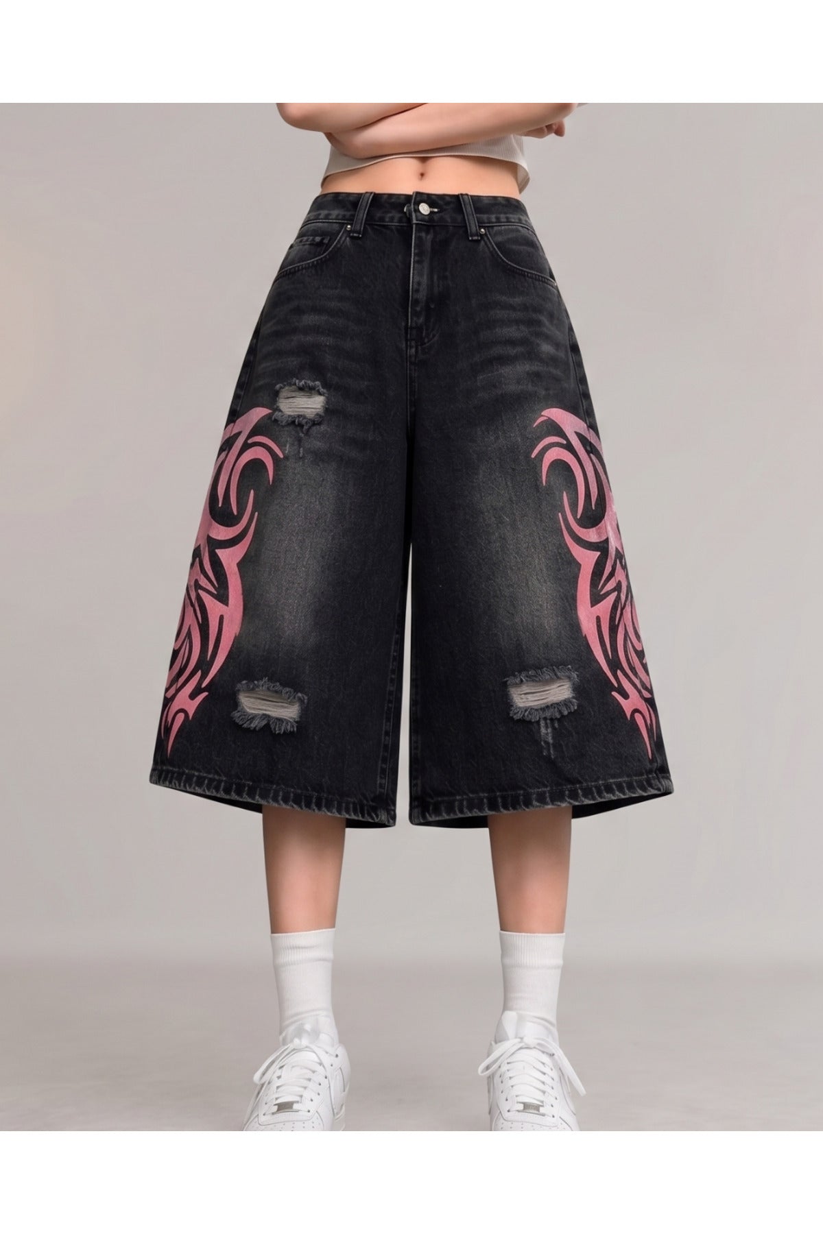 Siyah Taşlamalı Grunge Pembe Tribal Baskılı Harajuku Y2K Unisex Şort