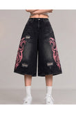 Siyah Taşlamalı Grunge Pembe Tribal Baskılı Harajuku Y2K Unisex Şort