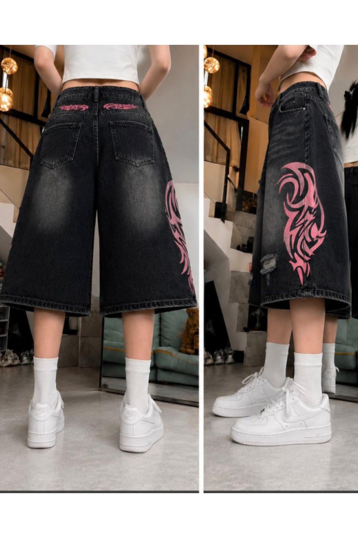 Siyah Taşlamalı Grunge Pembe Tribal Baskılı Harajuku Y2K Unisex Şort