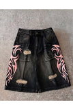 Siyah Taşlamalı Grunge Pembe Tribal Baskılı Harajuku Y2K Unisex Şort