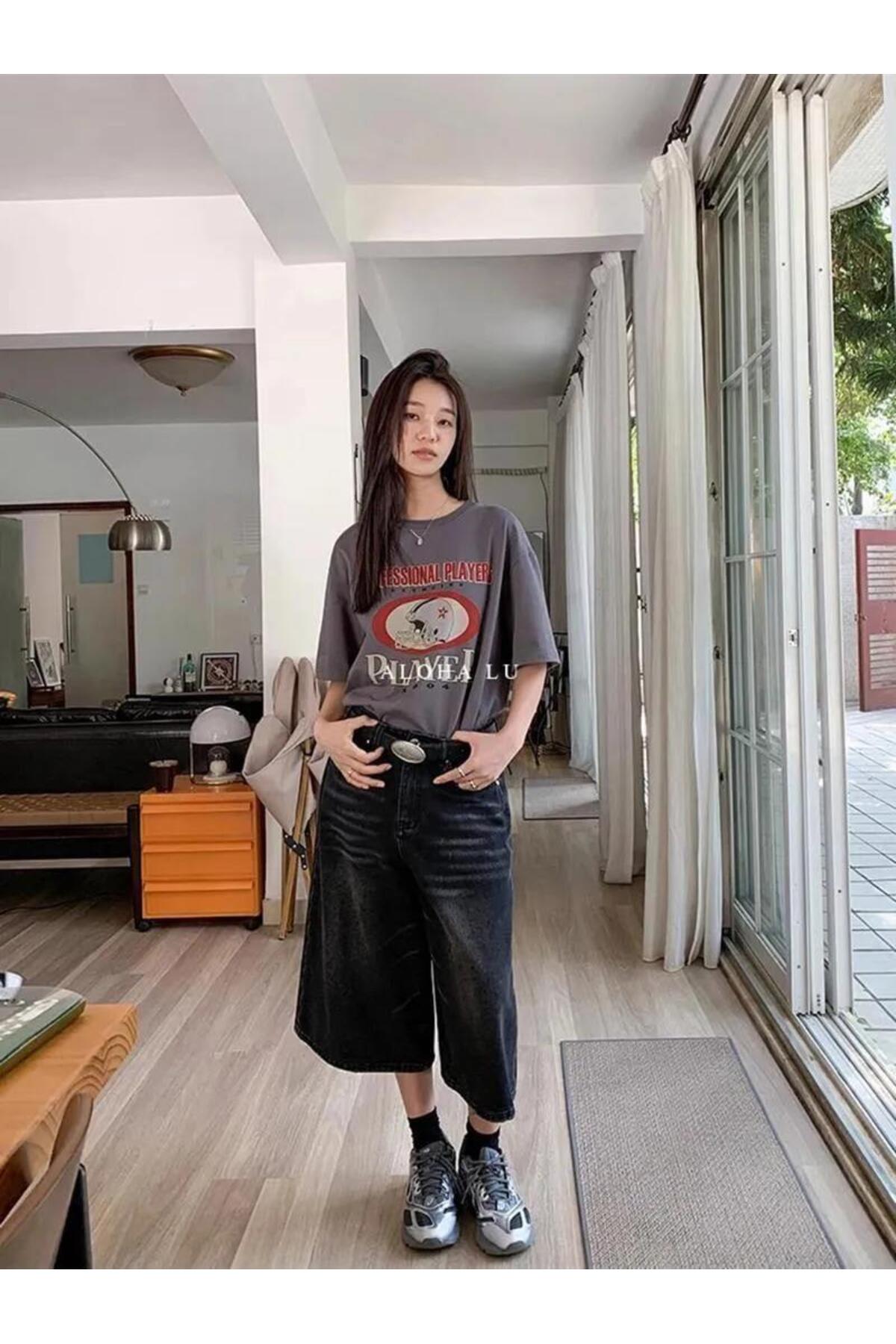 Siyah Yıkamalı Kumaş Y2K Unisex Baggy Oversize Kalıp Kot Pantolon Şort
