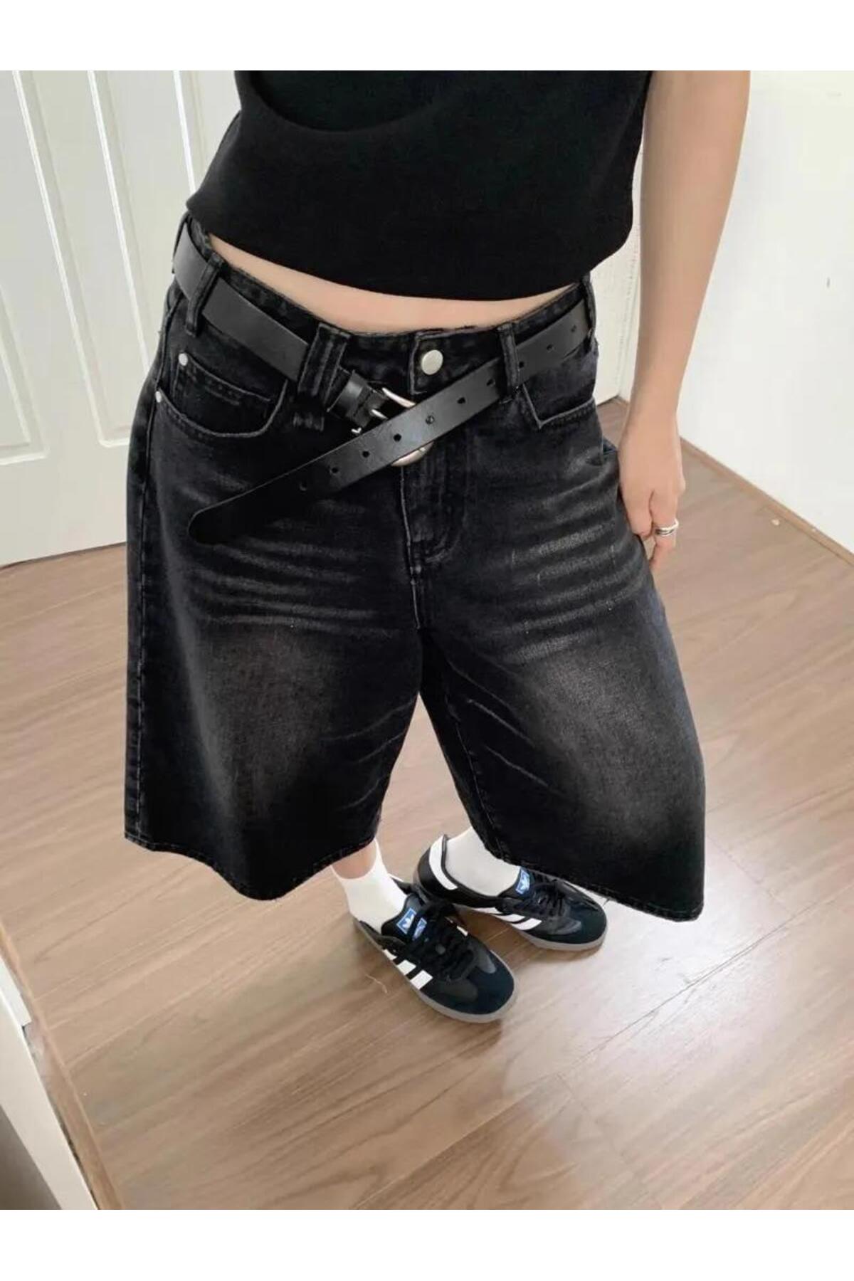 Siyah Yıkamalı Kumaş Y2K Unisex Baggy Oversize Kalıp Kot Pantolon Şort