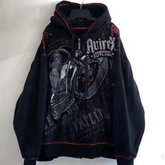 Siyah Gothic Legendary Outlaws Cyber Grunge Fermuarlı Kapüşonlu Sweatshirt