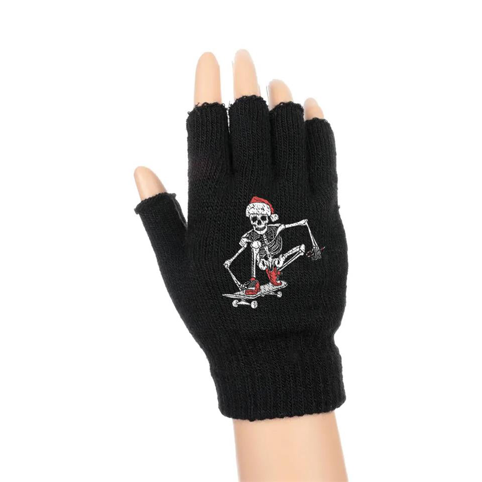 Skateboarder Skeleton Baskılı Unisex Siyah Kesik Çift Eldiven