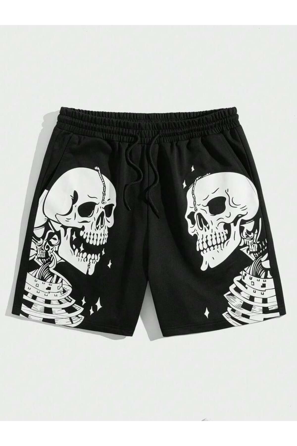 Skeleton Baskılı Siyah Unisex Penye Şort