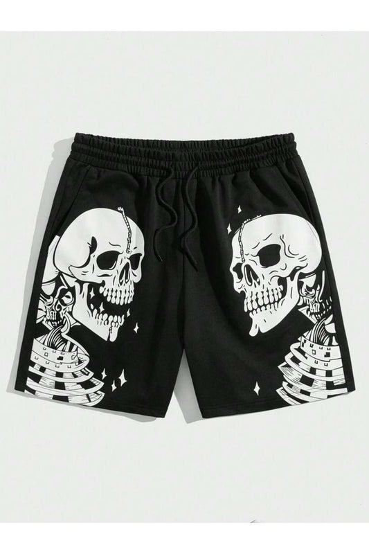 Skeleton Baskılı Siyah Unisex Penye Şort