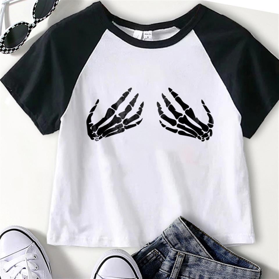 Skeleton Hands Baskılı Reglan Kol Beyaz Crop