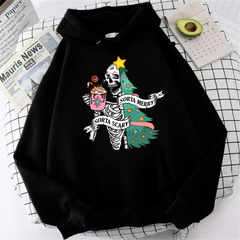 Skeleton Noel Baskılı Siyah Unisex Oversize Kapüşonlu Sweatshirt