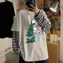 Skeleton Tree Baskılı Fake Sleeves Unisex Beyaz T-shirt