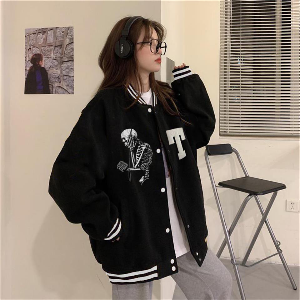 Skeleton With Headphone Baskılı Unisex Oversize Siyah Kolej Ceket