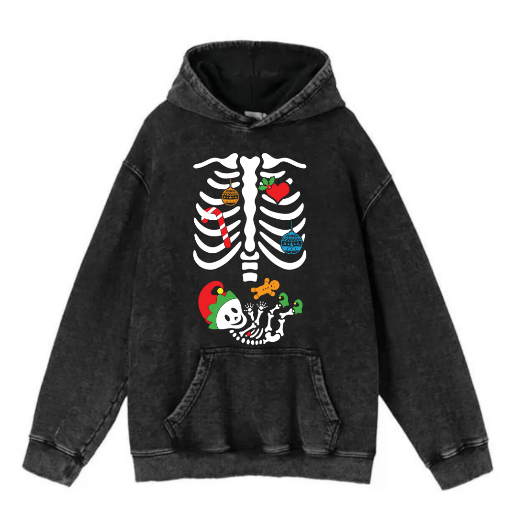 New Year Yıkamalı Skeleton Vintage Kapüşonlu Sweatshirt