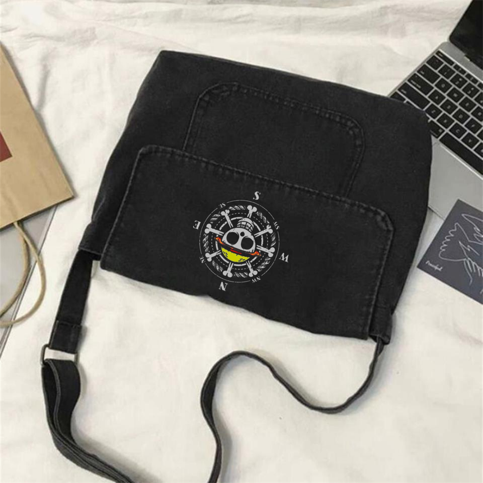 Skull Compass Baskılı Vintage Unisex Gri Kot Postacı Çantası