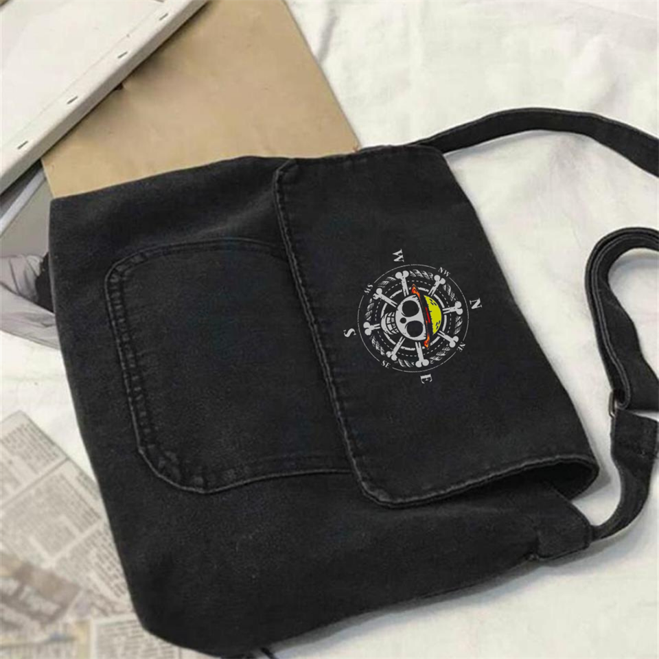 Skull Compass Baskılı Vintage Unisex Gri Kot Postacı Çantası