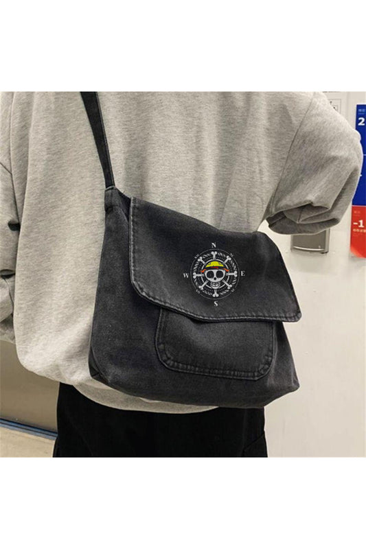 Skull Compass Baskılı Vintage Unisex Gri Kot Postacı Çantası