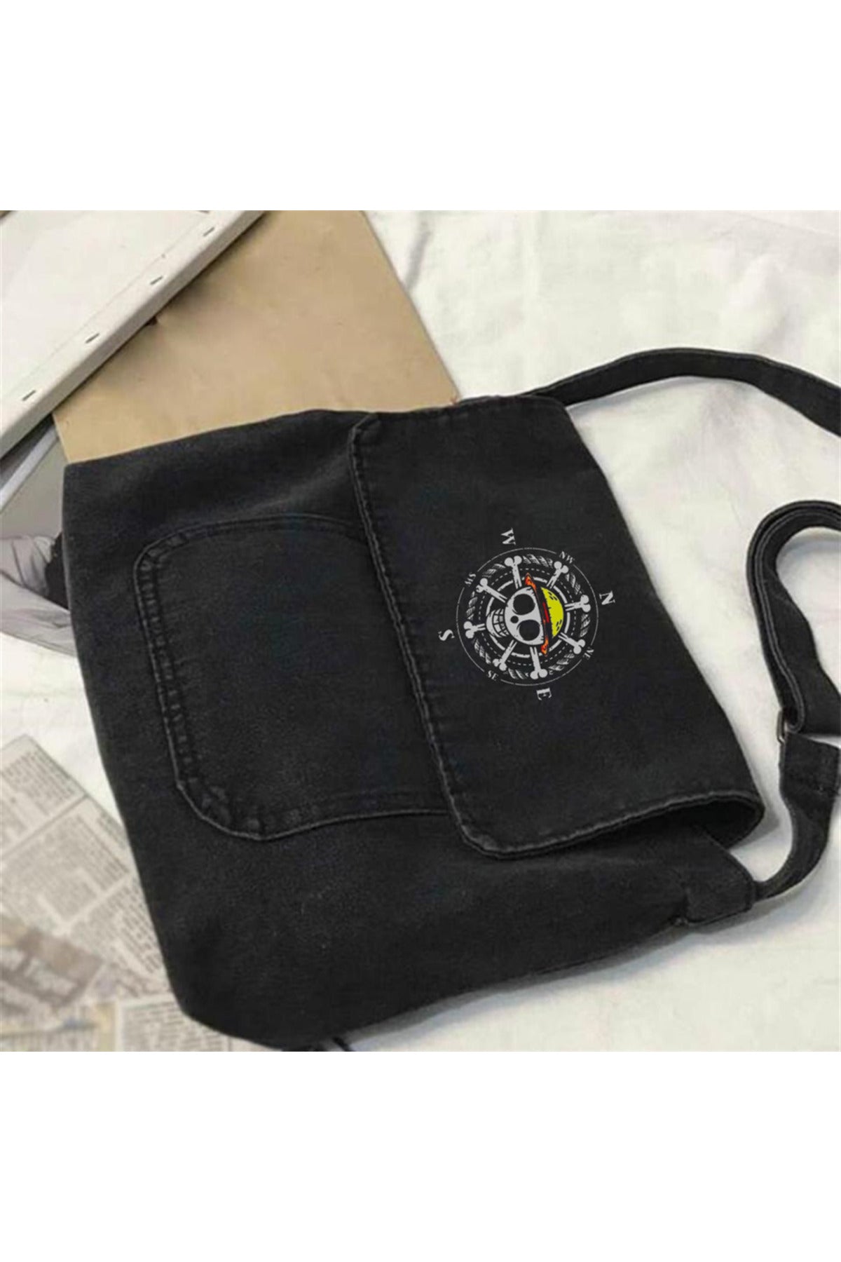 Skull Compass Baskılı Vintage Unisex Gri Kot Postacı Çantası