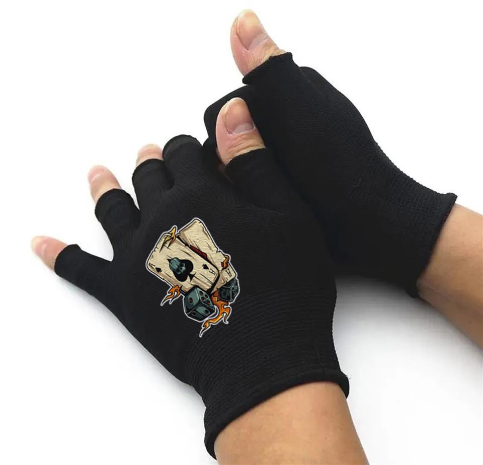 Skull Poker Baskılı Unisex Siyah Kesik Çift Eldiven