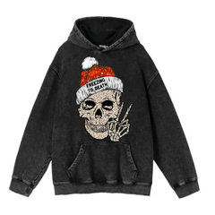 New Year Yıkamalı Skull Vintage Kapüşonlu Sweatshirt