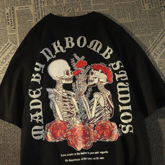 Skulls In Love & Roses Sırt Baskılı Siyah Unisex Oversize T-shirt