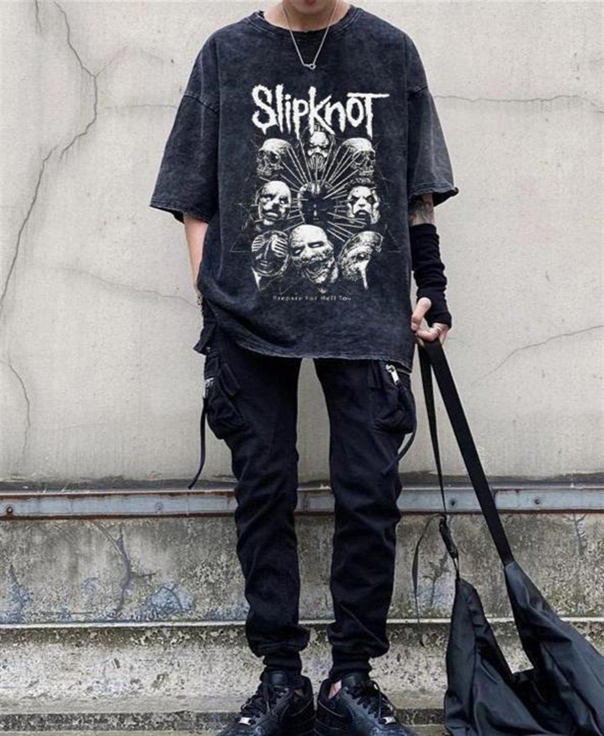 Rock Serisi Yıkamalı Slipknot Eskitme Unisex T-shirt