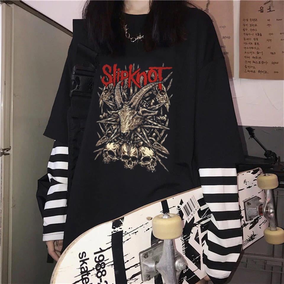 Slipknot Goat & Skulls Baskılı Fake Sleeves Unisex Siyah T-shirt