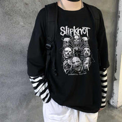 Slipknot Heads Baskılı Fake Sleeves Unisex Siyah T-shirt