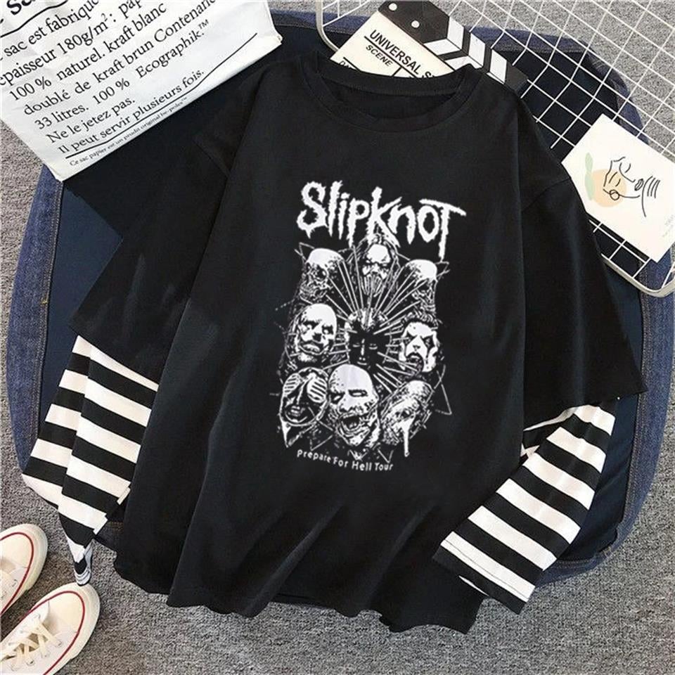 Slipknot Heads Baskılı Fake Sleeves Unisex Siyah T-shirt