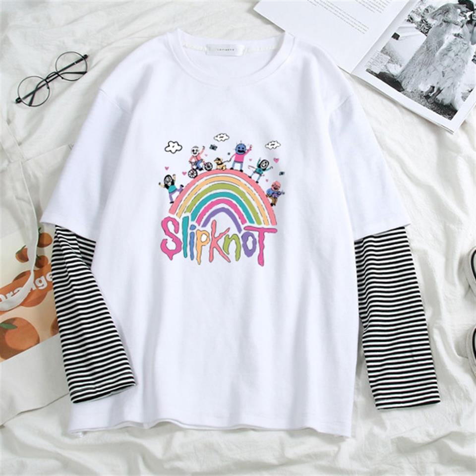 Slipknot Rainbow Baskılı Fake Sleeves Unisex Beyaz T-shirt