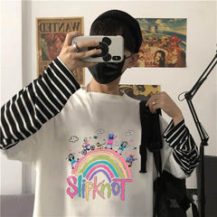 Slipknot Rainbow Baskılı Fake Sleeves Unisex Beyaz T-shirt