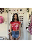 Y2k Be My Valentine Girl Baskılı Kırmızı Crop Bluz