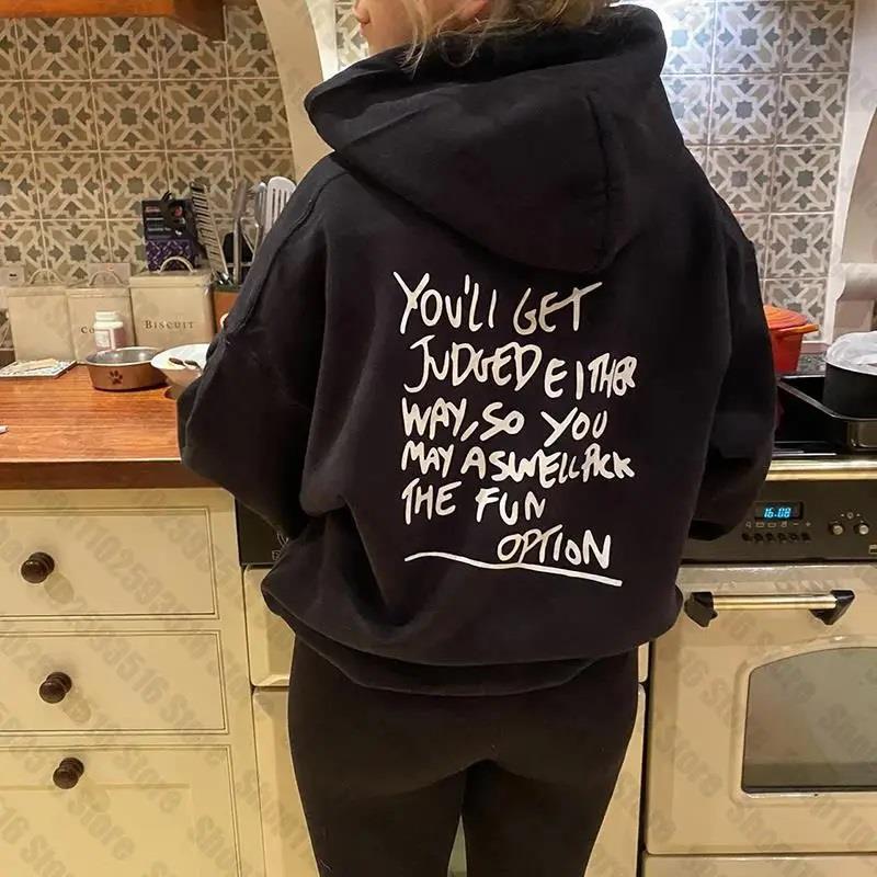 Slogan Baskılı Siyah Kapşonlu Sweatshirt