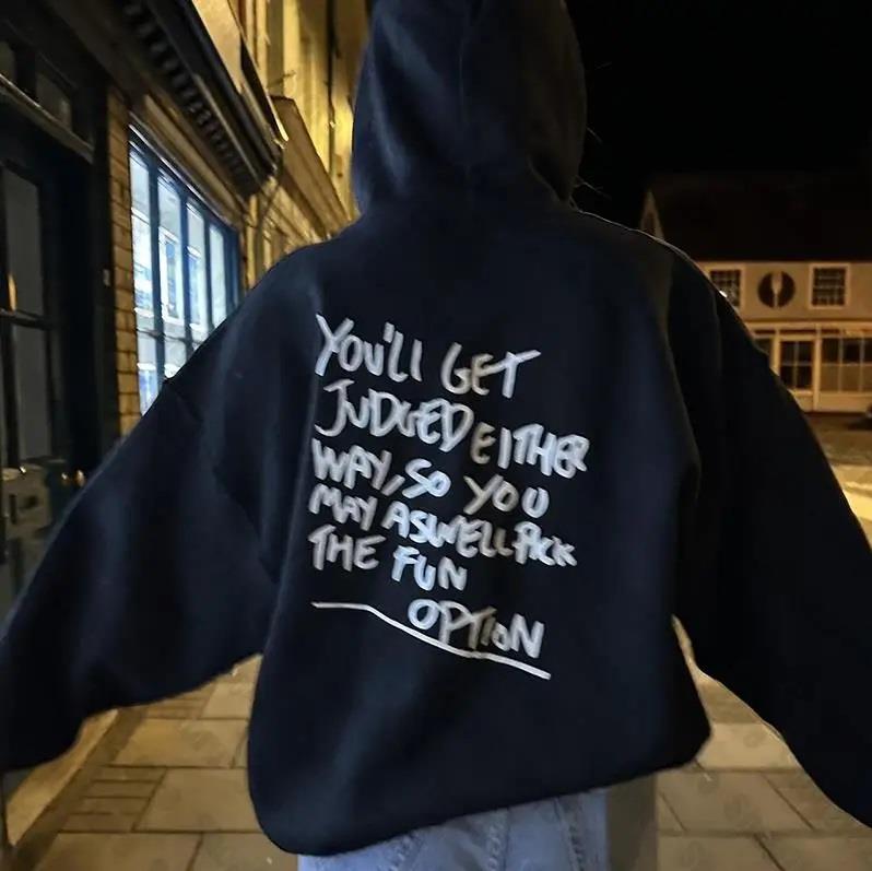 Slogan Baskılı Siyah Kapşonlu Sweatshirt